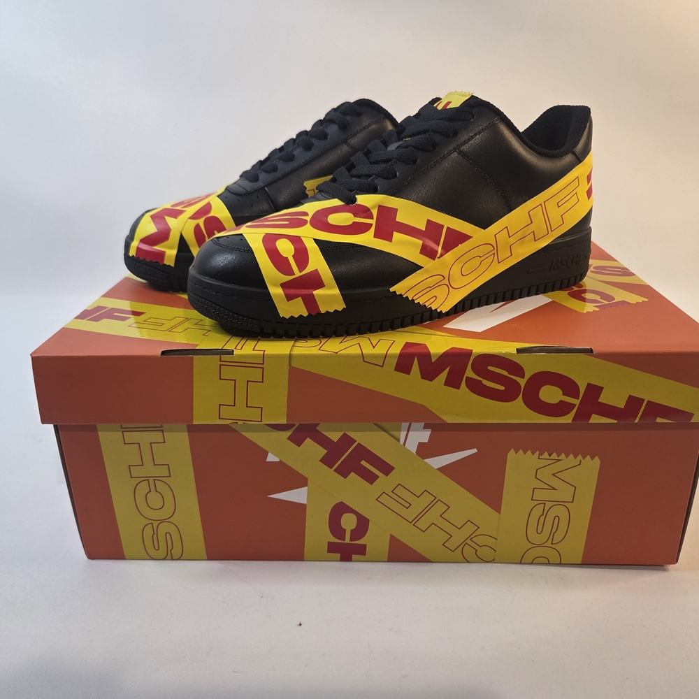 Mschf Moschino Black Leather Low-Top Sneakers with Yellow & Red Tape Graphics